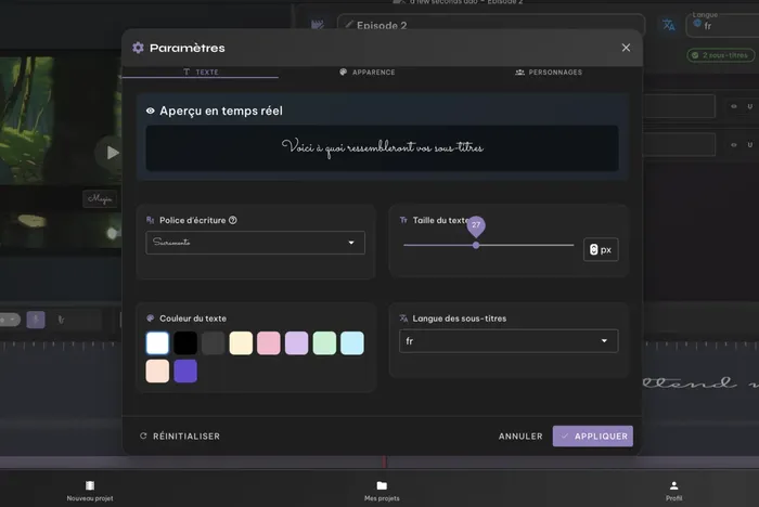 Interface de personnalisation Voxdub avec réglages avancés